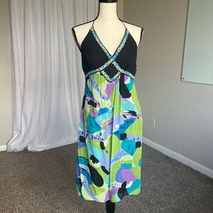 Y2K 100% Silk Halter Dress Crochet Trim Abstract Print Lined Midi Size 8